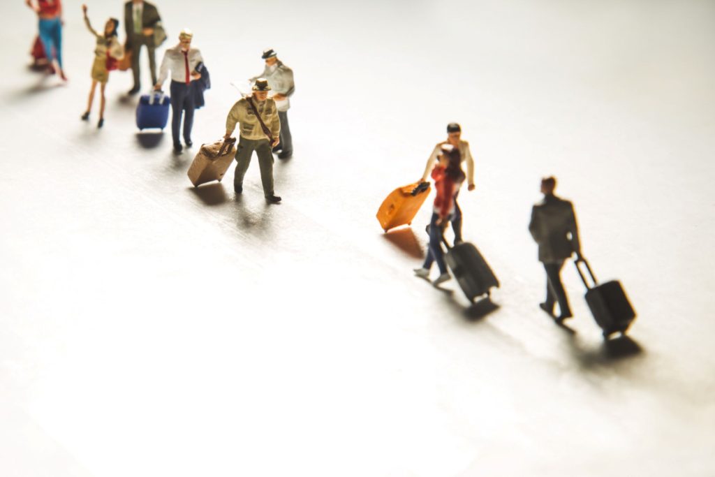 Lines of travelers about to intersect.