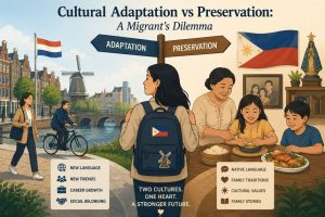 Cultural Adaptation vs Preservation: A Migrant's Dilemma editorial illustration of a Filipino migrant balancing cultural identity, family heritage, and life abroad.