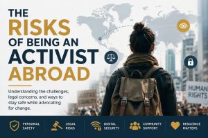 The Risks of Being an Activist Abroad editorial illustration showing an overseas activist facing legal, digital, and personal safety challenges