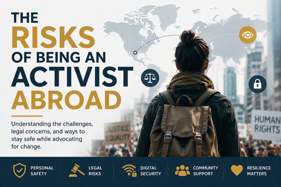 The Risks of Being an Activist Abroad editorial illustration showing an overseas activist facing legal, digital, and personal safety challenges