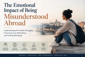 The emotional impact of being misunderstood abroad illustrated by a person reflecting alone while living in a foreign country