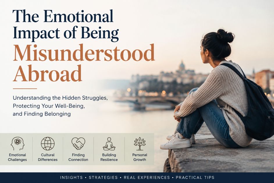 The emotional impact of being misunderstood abroad illustrated by a person reflecting alone while living in a foreign country