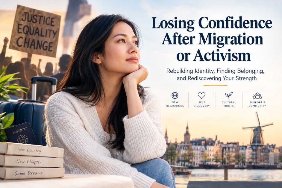 Woman reflecting on confidence and identity after migration or activism